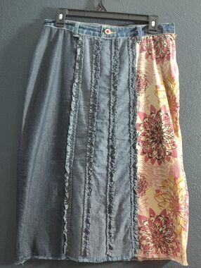 VTG Y2k Jane Doe Jeans Denim & Floral Ruffle Paneled Boho Midi Skirt Size M